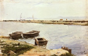 Dockscape Painting - Y Three Boats By A Shore Joaquin Sorolla